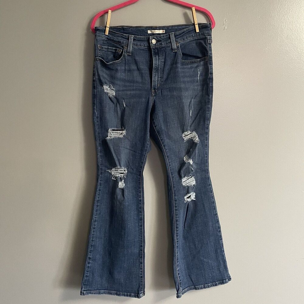 Levis Jeans Womens 32x30 Blue 726 High Rise Flare Distressed Knee Rips Denim